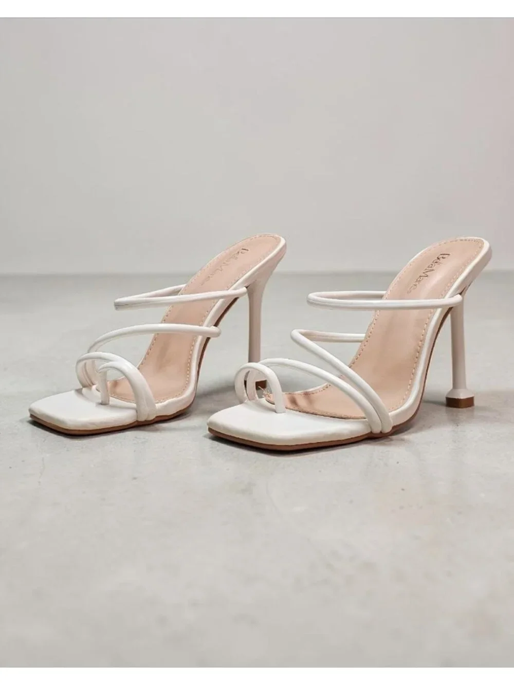 Strappy White High Heel Mules With Square Toe & Slim Stiletto Heels For Women - Picture 13 of 14